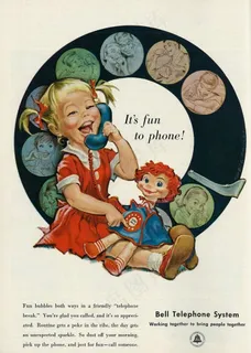 1958年插图广告，贝尔电话系统，小女孩和娃娃
