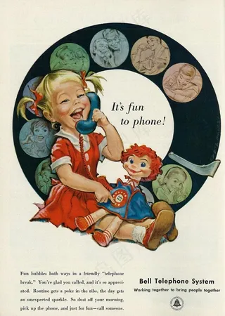 1958年插图广告，贝尔电话系统，小女孩和娃娃