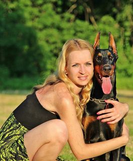 女子，杜宾，爱，肖像，动物，人，宠物