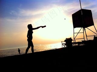 女人，海滩，背光，剪影，体育，球，蝙蝠