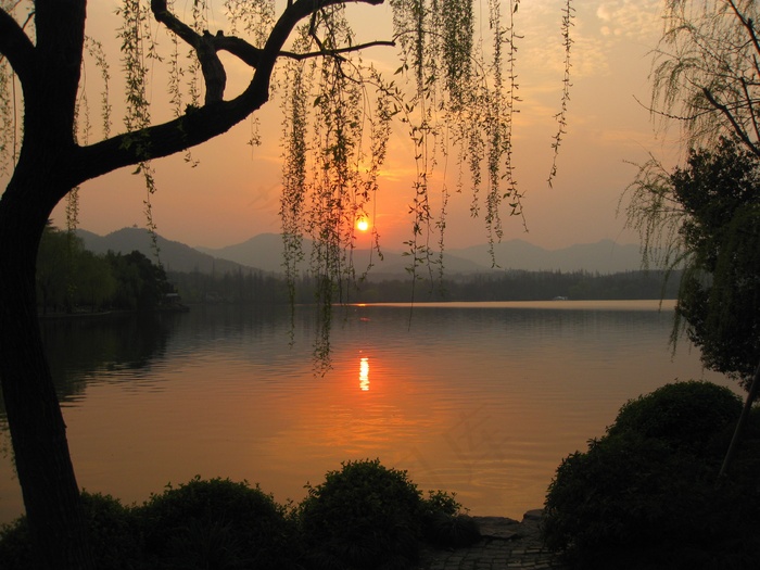 湖，日落，自然，风景