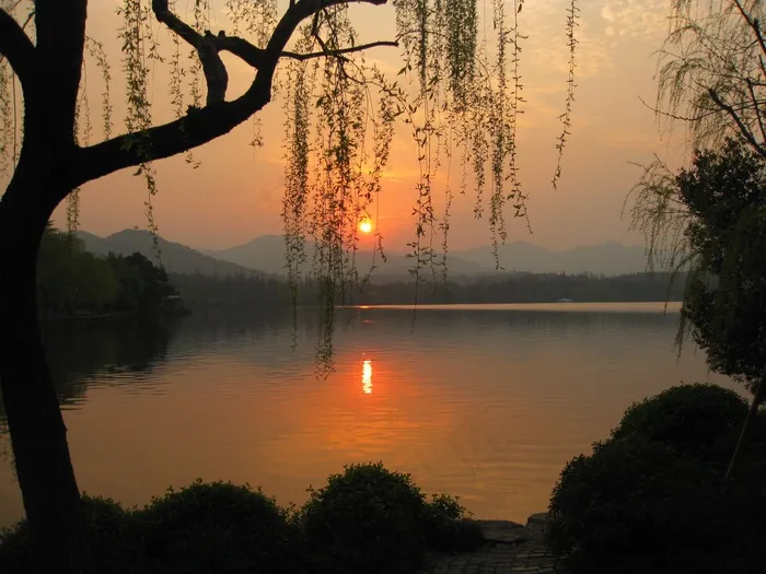 湖，日落，自然，风景