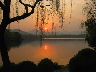 湖，日落，自然，风景