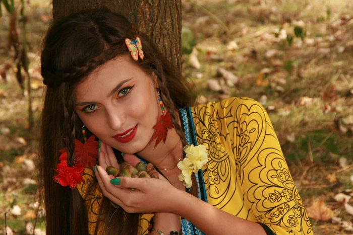 女孩，秋，叶子，肖像，植被，美