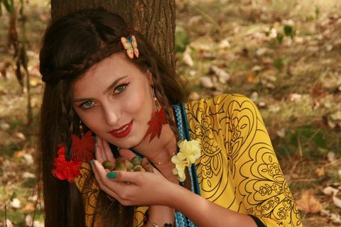 女孩，秋，叶子，肖像，植被，美