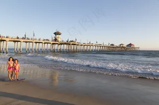 海滩，沙，滨，海洋，海，码头，孩子们，构成