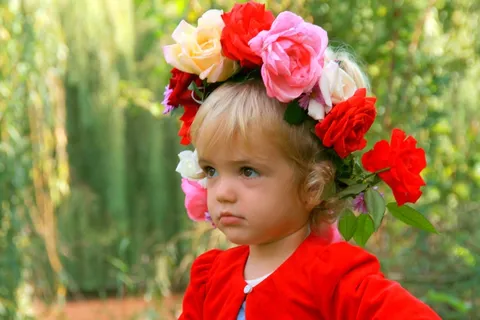 女孩，儿童，金发，花圈，鲜花，红色