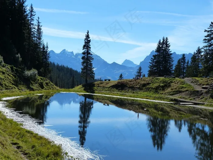 山，Bergsee，湖泊，天空，蓝色，水，镜子
