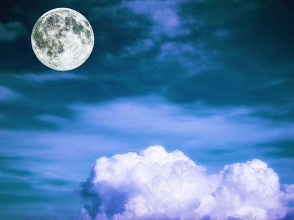 满月，天空，云，蓝色