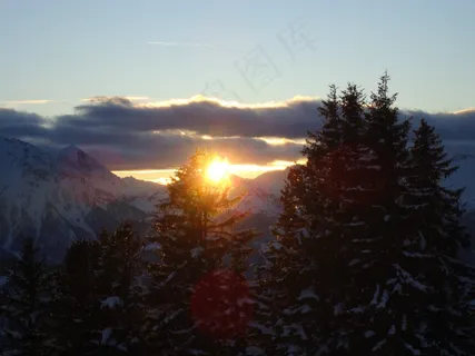 大自然，云，阳光，树，冬季，日落，寒冬