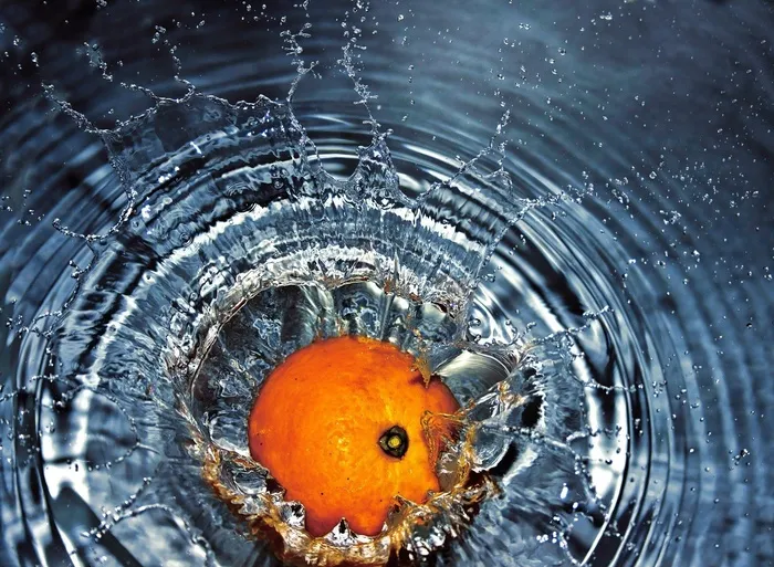 橙色，下降，水，溅，新鲜，水果