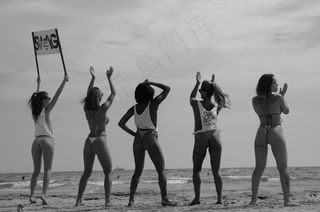 海滩，女孩，自然，黑白色