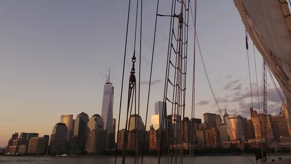 天际线，纽约，帆船，日落