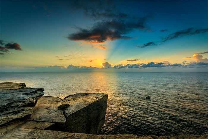 日落，黄昏，海滩，海洋，沧海，地平线，岩石，海岸