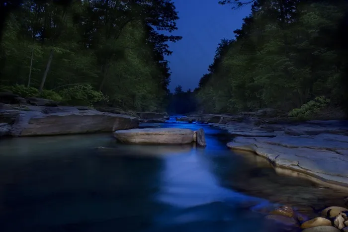 水，岩石，石头，蓝色，溪，轻绘画，夜