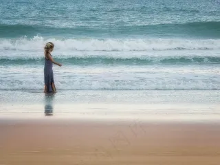 女孩，海洋，海，波浪，海滩，沙，夏天，太阳
