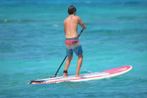 人，人，桨，海，游泳短裤，冲浪板