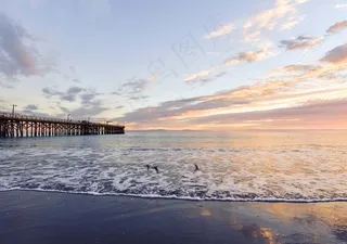 海滩，码头，木，码头，海洋，日落，大海，水