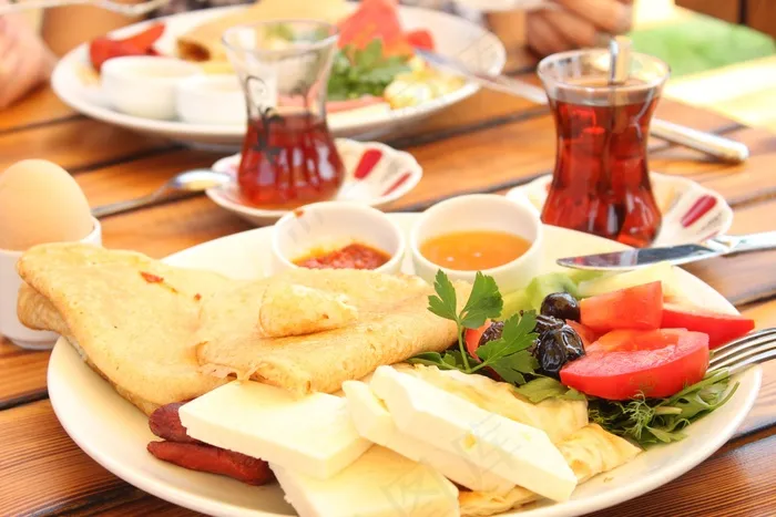 早餐，茶，番茄，早晨，食品，奶酪，橄榄