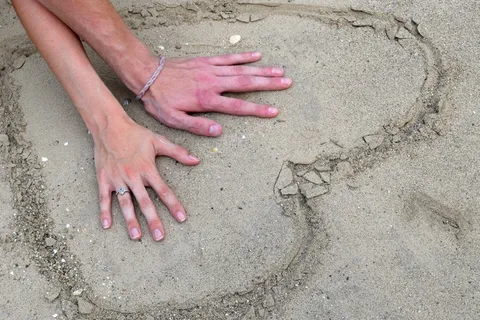 爱，沙，海滩，旅行，快乐，在一起，一对