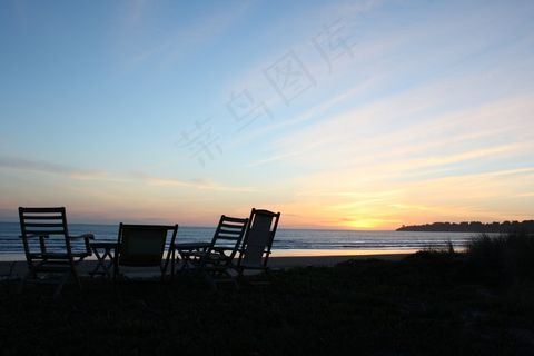 日落，椅子，海滩，集团，谈话，朋友