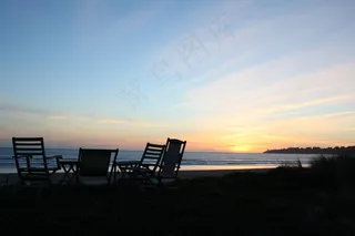 日落，椅子，海滩，集团，谈话，朋友