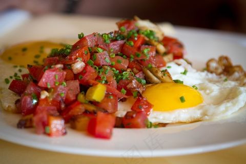 油炸，早餐，膳食，饮食，西红柿