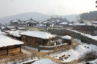 韩国乡村雪，传统乡村，韩国，民间