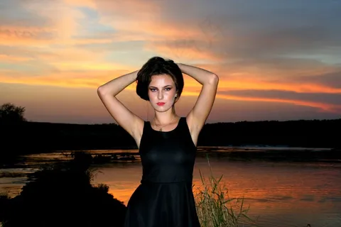 女孩，日落，水，美女，湖泊，诱人，夏天