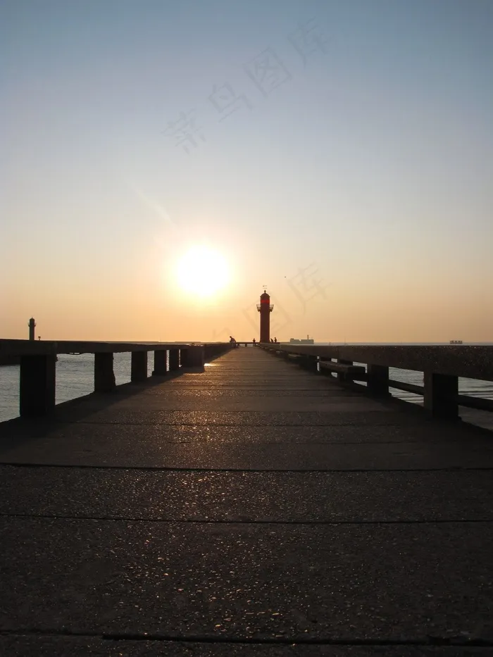 码头，防波堤，灯塔，大海，水，步行，日落