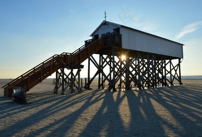 秸秆，北海，海滩，太阳，阴影，高跷房子