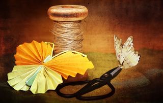 卷材，纱线，剪刀，纸蝴蝶，蝴蝶，装饰