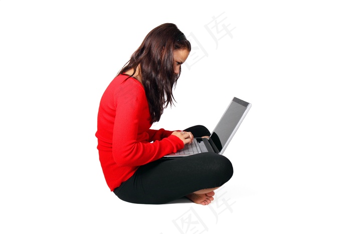 美女,女孩,头发,盘腿,卡通动漫人物,工作室拍摄的笔记本电脑的年轻女子