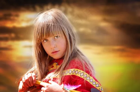 人的，儿童，女孩，金发，长长的头发，脸，视图