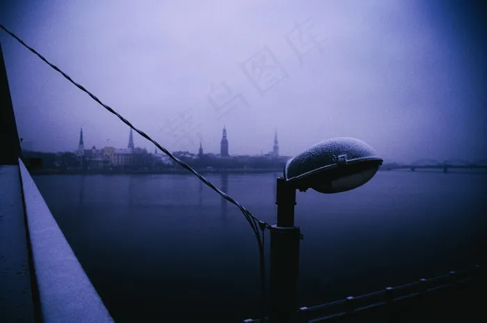 街灯,桥梁,木舟,飞机,天空,里加冬季