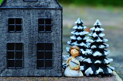 守护天使，家，冷杉，冬天，雪，图