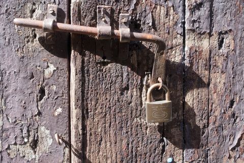 螺栓，关闭，门，木，金属，铁，老，生锈