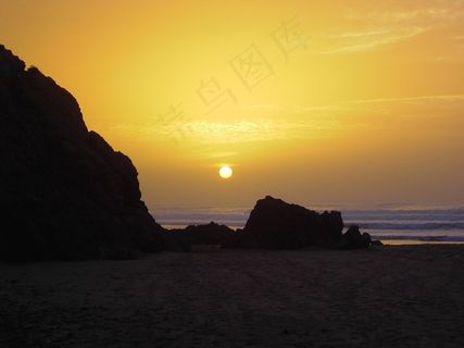 日落，剪影，海滩，海洋，岩石，黄昏，暮光之城