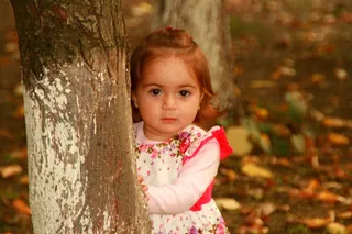 女孩，儿童，贝贝，树，叶子，黄色，裙子，隐藏