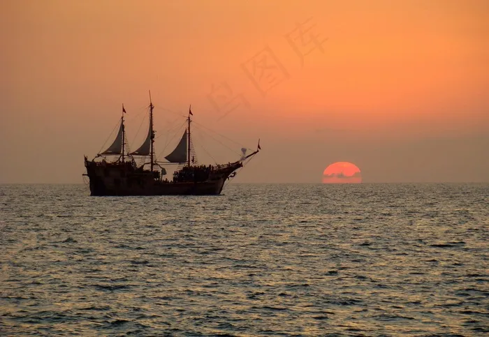 海，海洋，地平线，船，风平浪静，太平洋，日落
