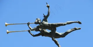 小号手，雕塑，饰品，铜绿，男子，女人