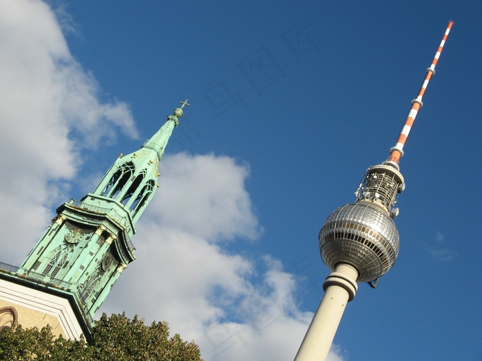 柏林，电视塔，对比，教堂，尖顶