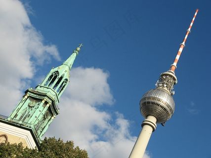 柏林，电视塔，对比，教堂，尖顶