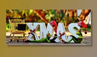 购物车，青蛙雕像和街上的单个字XMAS