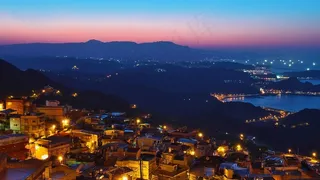 日落，海岸，村庄，海洋，大海，自然，天空