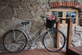 折叠自行车,自行车,巷道,运动自行车,摩托车,鲜花在篮子里靠在木板的老式自行车