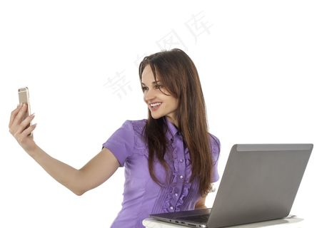 笔记本，女孩，手机，微笑，喜悦，人，人