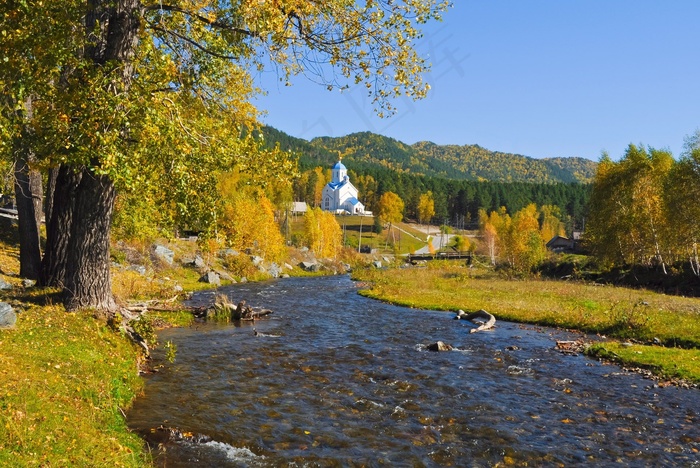 教堂，东正教，森林，秋，河，景观