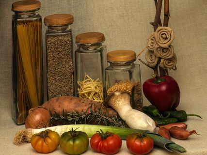 静物，蔬菜，集装箱，谷物，豌豆