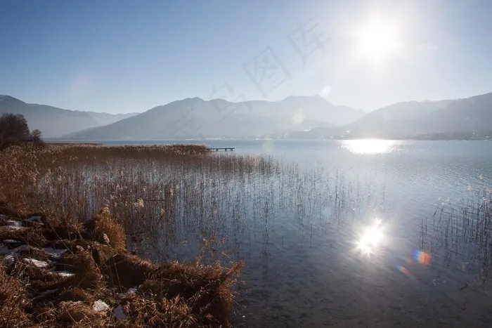 湖，山，全景图，银行，天空，水，蓝色，休息